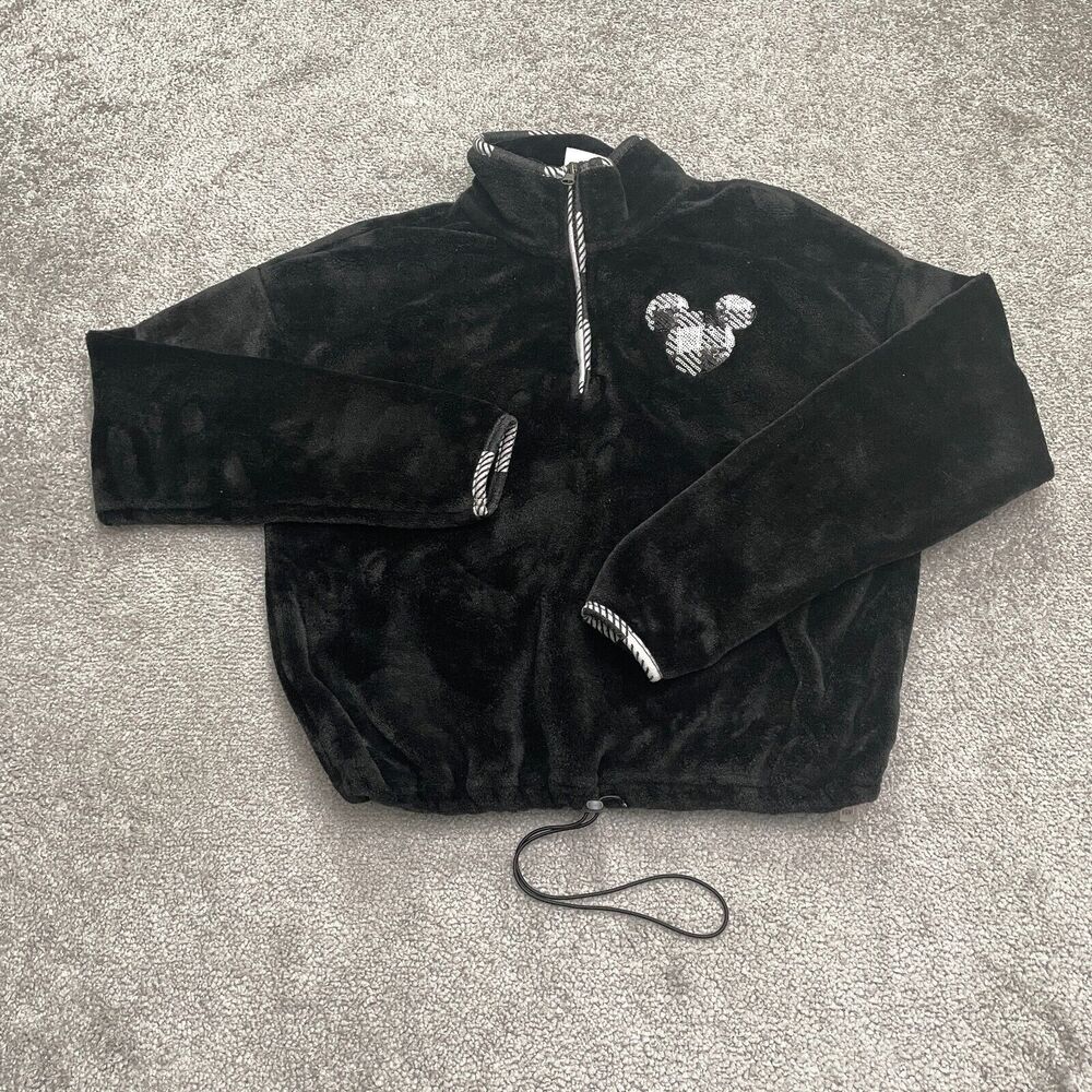 Disney Soft Plush Sequin Mickey Mouse Cropped Jacket Womens 2L Black 1/4 Zip